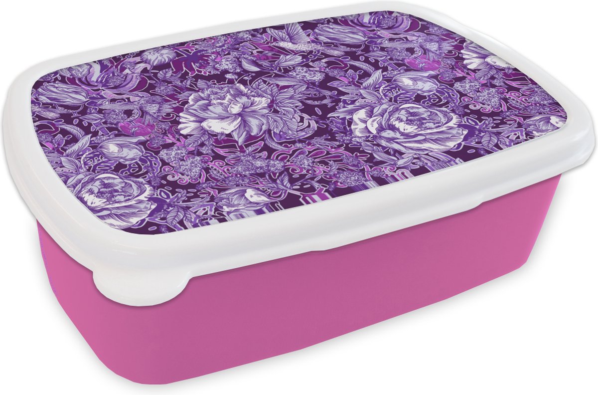 Broodtrommel Roze - Lunchbox - Brooddoos - Kolibrie - Rozen - Paars - 18x12x6 cm - Kinderen - Meisje