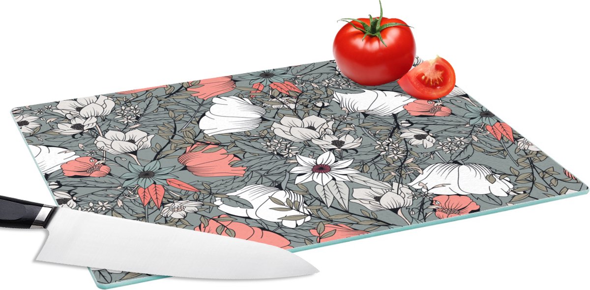 Glazen Snijplank - 39x28 - Klaproos - Schets - Vintage - Snijplanken Glas