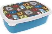 Broodtrommel Blauw - Lunchbox - Brooddoos - Patronen - Monster - Dieren - Jongens - Kinderen - Kids - 18x12x6 cm - Kinderen - Jongen