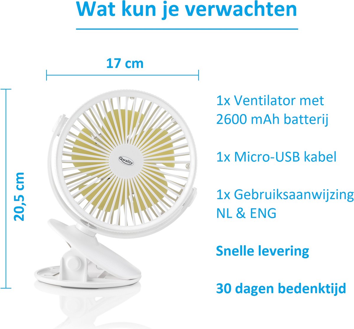 Ventilator met Clip - USB - 360° Draaibaar - Tafelventilator - Eenvoudige bevestiging - 2600 mAh Accu Batterij - Extra Stil - Wit - Qwality® — afbeelding 9