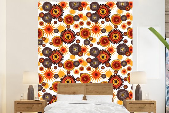 Papier Peint - Design Papier peint photo - Rétro - Oranje - Fleurs - Largeur 195 cm x Hauteur 240 cm