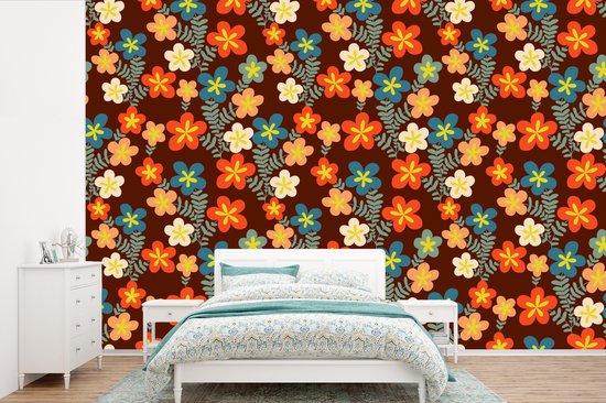 Behang - Fotobehang Retro - Patronen - Bloemen - Jaren 70 - Breedte 450 cm x hoogte 300 cm