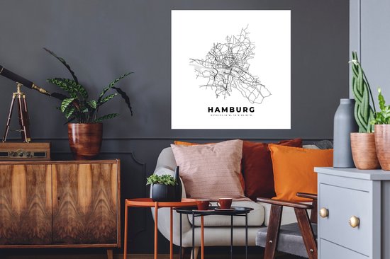 Muurstickers - Sticker Folie - Stadskaart – Zwart Wit - Kaart – Hamburg – Duitsland – Plattegrond - 50x50 cm - Plakfolie - Muurstickers Kinderkamer - Zelfklevend Behang - Zelfklevend behangpapier - Stickerfolie