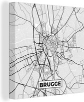 Canvas Schilderij België – Brugge – Stadskaart – Kaart – Zwart Wit – Plattegrond - 20x20 cm - Wanddecoratie
