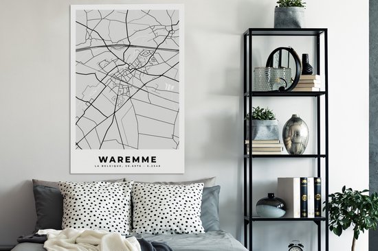 Canvas schilderij 90x140 cm - Wanddecoratie Stadskaart – Zwart Wit - Kaart – Waremme – België – Plattegrond - Muurdecoratie woonkamer - Slaapkamer decoratie - Kamer accessoires - Schilderijen
