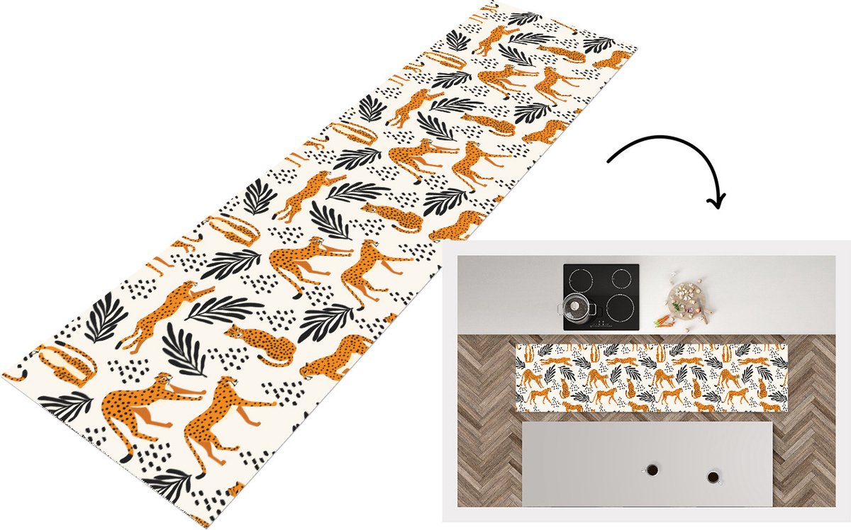 KitchenYeah Keukenloper - Loper keuken - Patronen - Bladeren - Jachtluipaard - 240x60 cm - Keukenloper vinyl Multicolor