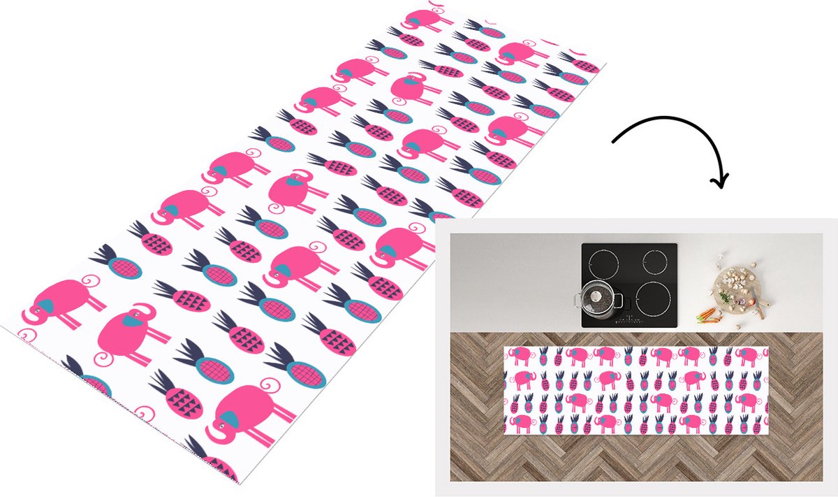 KitchenYeah Keukenloper - Loper keuken - Ananas - Olifant - Design - 180x60 cm - Keukenloper vinyl Multicolor