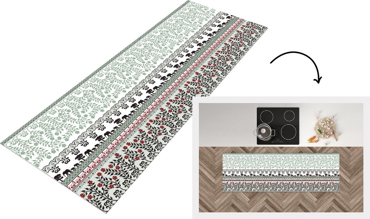 KitchenYeah Keukenloper - Loper keuken - Planten - Olifant - Patroon - 180x60 cm - Keukenloper vinyl Multicolor