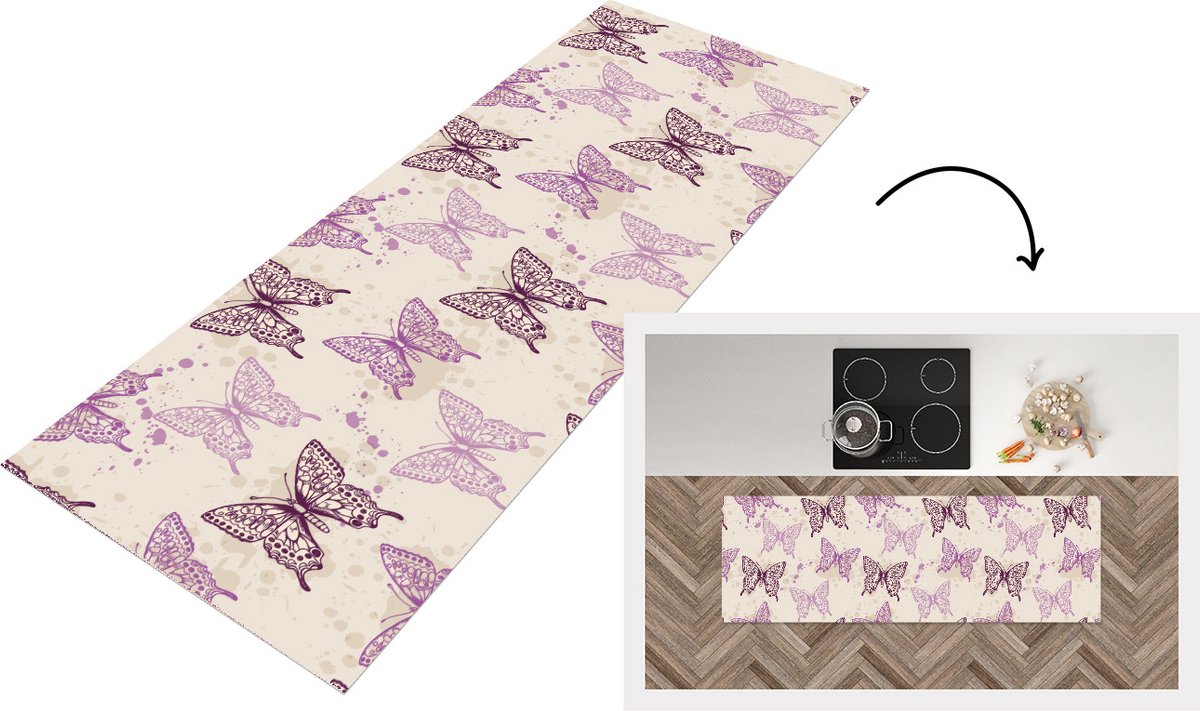KitchenYeah Keukenloper - Loper keuken - Dieren - Patronen - Paars - Vlinder - 150x50 cm - Keukenloper vinyl Multicolor