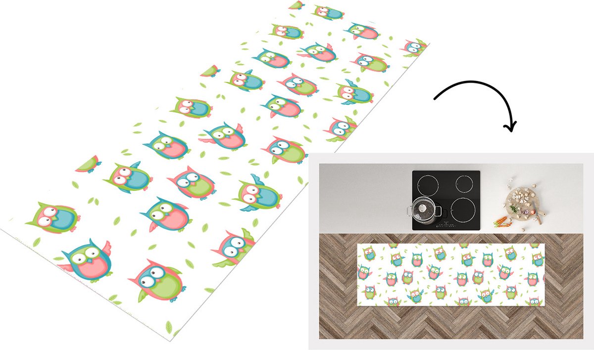 KitchenYeah Keukenloper - Loper keuken - Uilen - Patronen - Kinderen - 180x60 cm - Keukenloper vinyl Multicolor