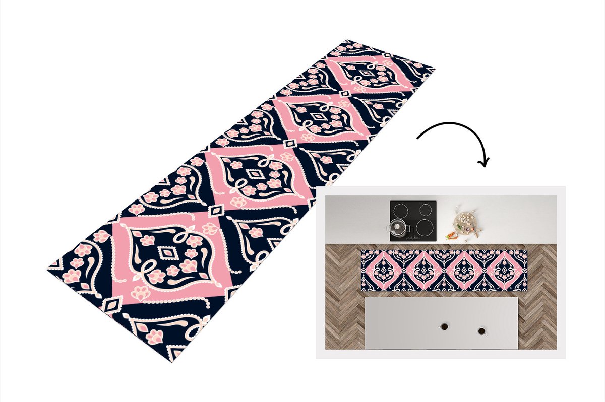 KitchenYeah Keukenloper - Loper keuken - Bloemen - Roze - Ornament - Design - 200x50 cm - Keukenloper vinyl Multicolor