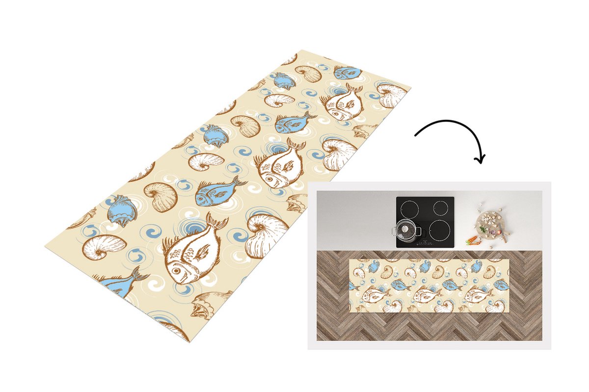 KitchenYeah Keukenloper - Loper keuken - Vis - Schelpen - Pastel - Design - Vintage - 150x50 cm - Keukenloper vinyl Multicolor