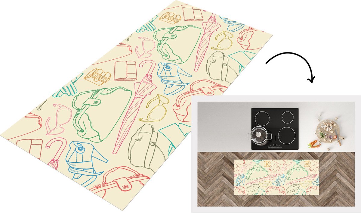 KitchenYeah Keukenloper - Loper keuken - Pastel - Tas - Kleren - Patronen - 120x50 cm - Keukenloper vinyl Multicolor