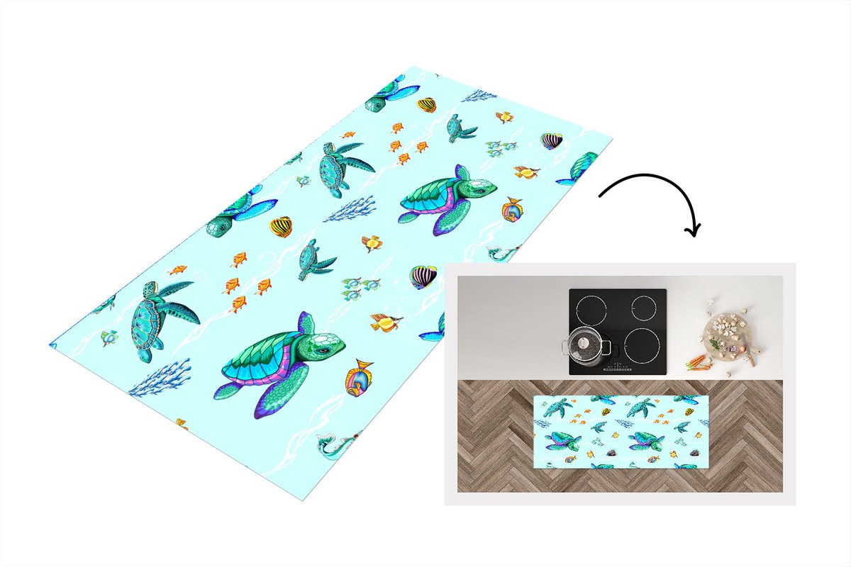 KitchenYeah Keukenloper - Loper keuken - Regenboog - Schildpad - Vis - Water - Patronen - 120x50 cm - Keukenloper vinyl Multicolor