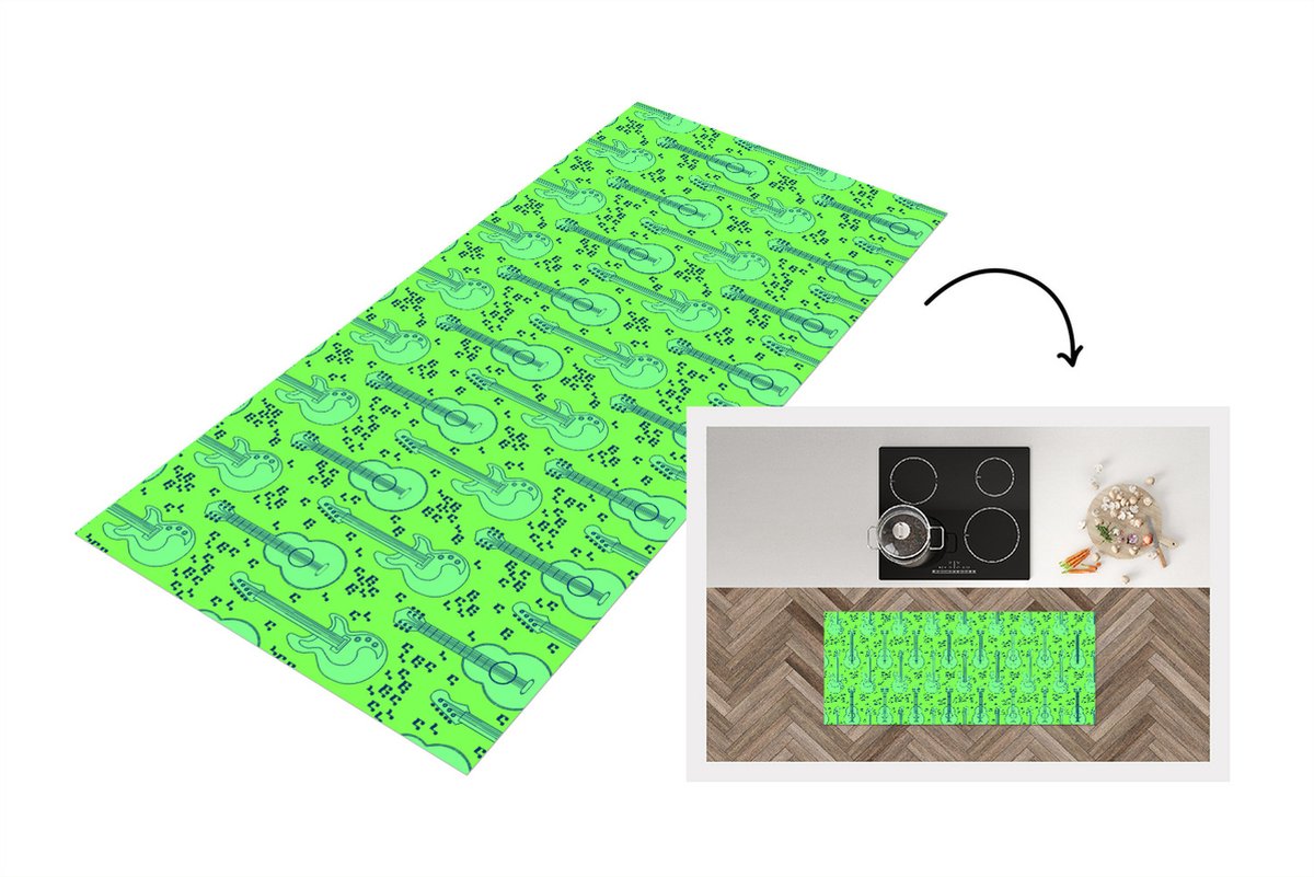 KitchenYeah Keukenloper - Loper keuken - Gitaar - Patronen - Groen - 120x50 cm - Keukenloper vinyl Multicolor