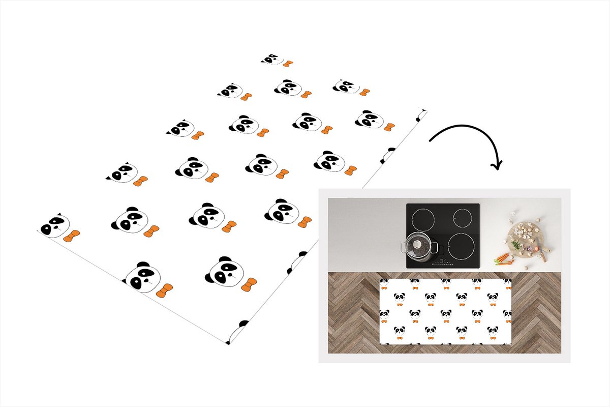 KitchenYeah Keukenloper - Loper keuken - Panda - Zwart - Wit - Patroon - 120x60 cm - Keukenloper vinyl Multicolor