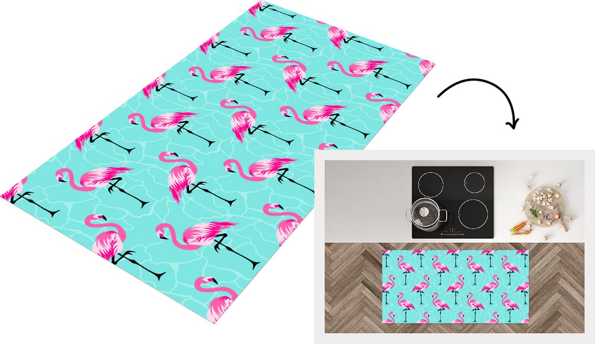 KitchenYeah Keukenloper - Loper keuken - Flamingo - Roze - Patroon - 120x60 cm - Keukenloper vinyl Multicolor
