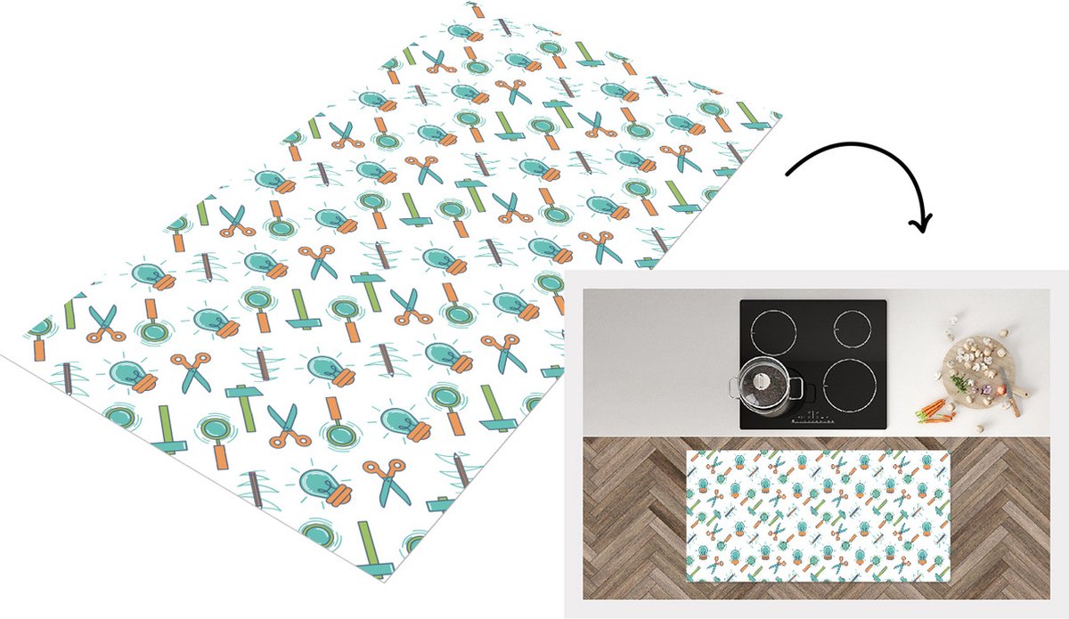 KitchenYeah Keukenloper - Loper keuken - Schaar - Potlood - Patronen - 120x60 cm - Keukenloper vinyl Multicolor