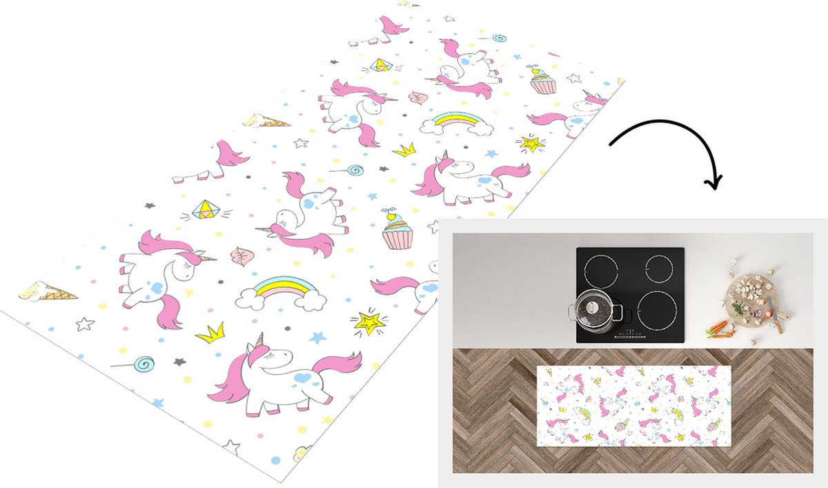KitchenYeah Keukenloper - Loper keuken - Unicorn - Regenboog - Patroon - 120x50 cm - Keukenloper vinyl Multicolor