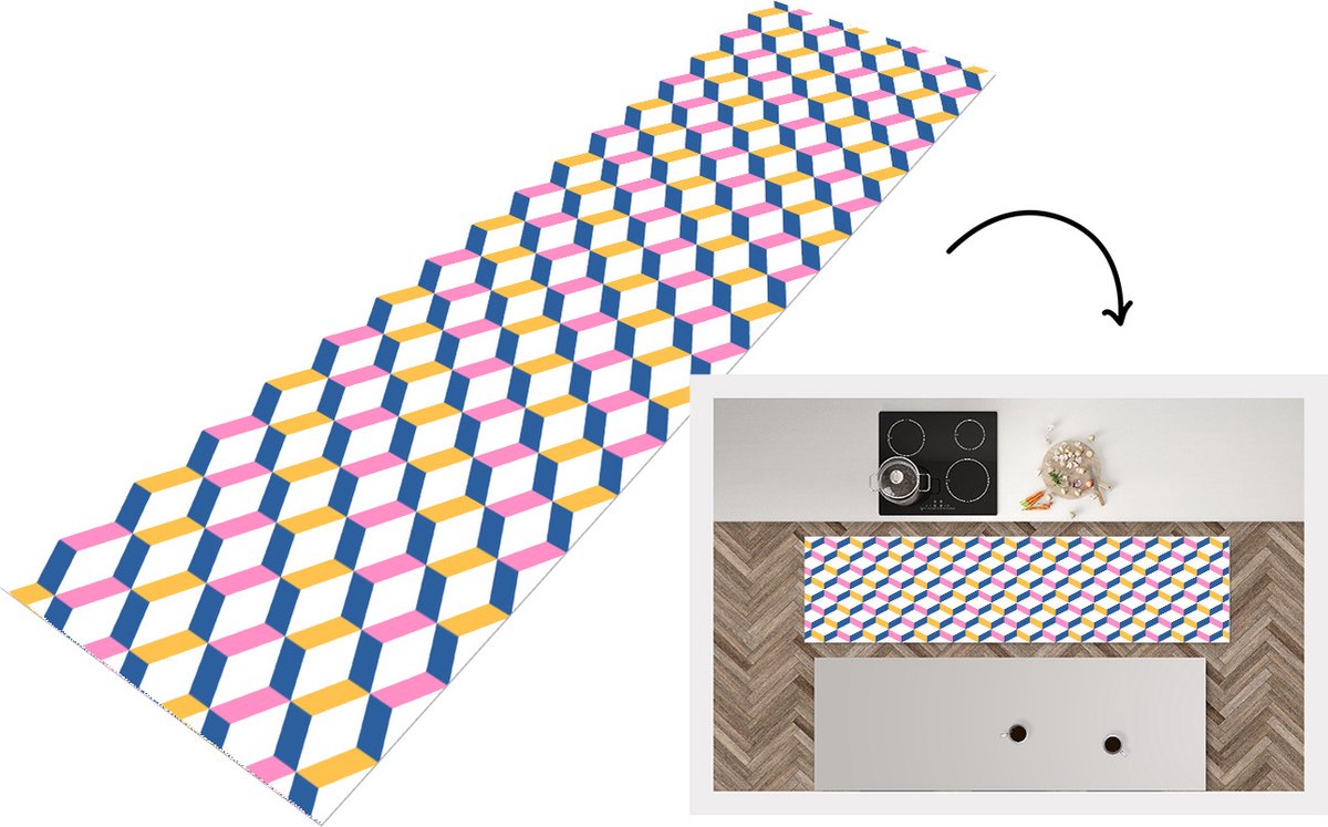 KitchenYeah Keukenloper - Loper keuken - Pastel - Blokken - Patronen - 200x50 cm - Keukenloper vinyl Multicolor