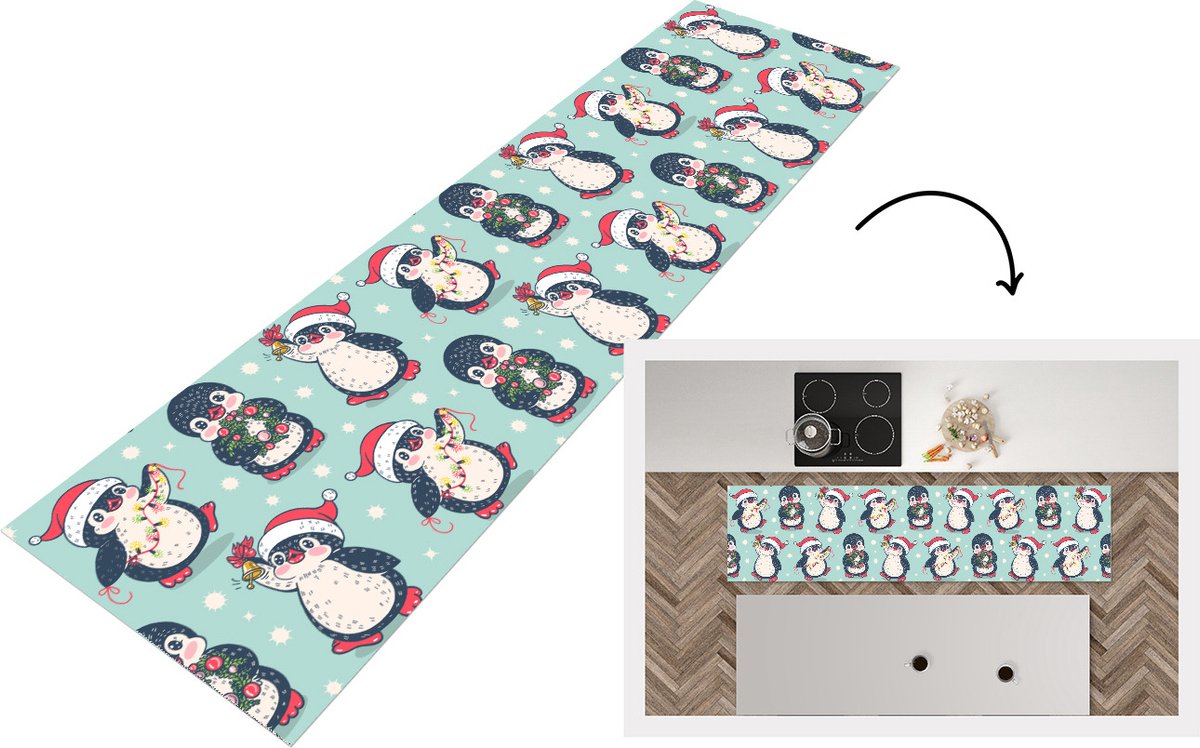 KitchenYeah Keukenloper - Loper keuken - Pinguïn - Lichtsnoer - Kerstkrans - Patronen - 240x60 cm - Keukenloper vinyl Multicolor