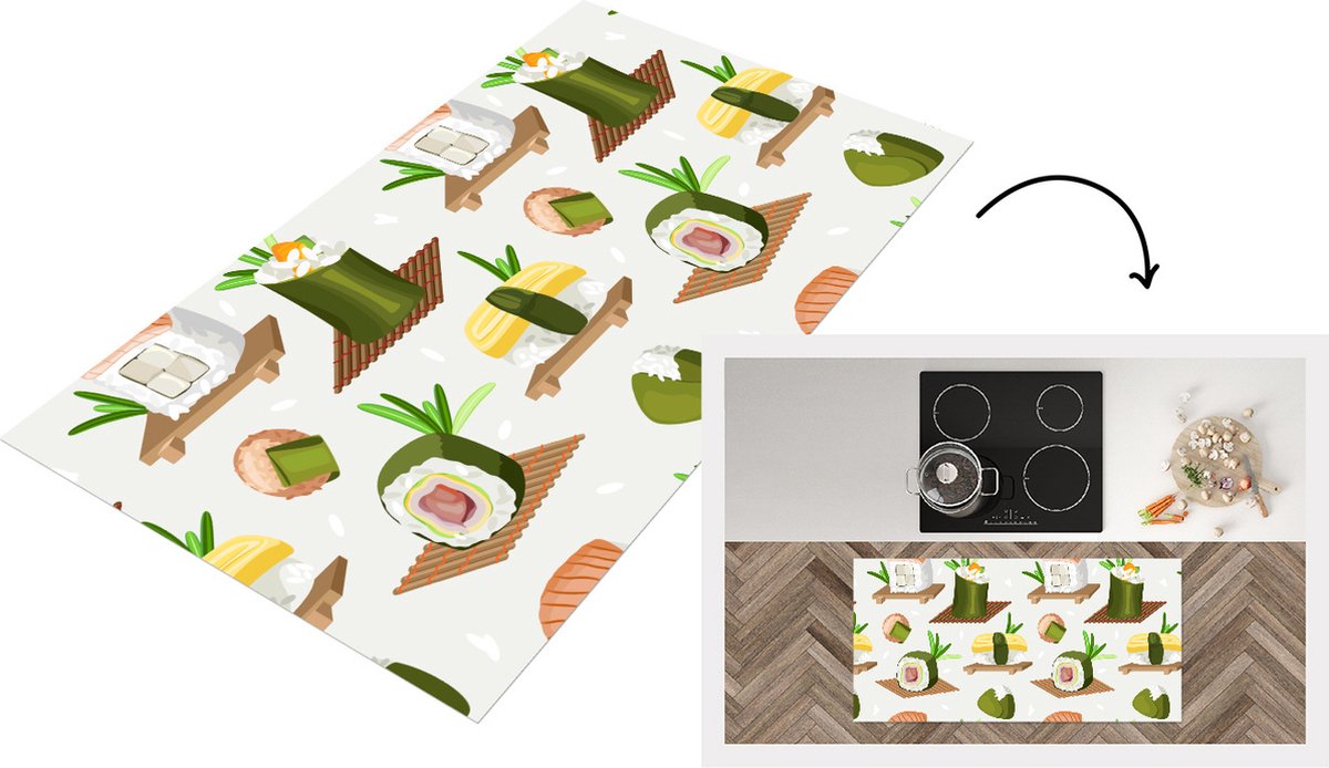 KitchenYeah Keukenloper - Loper keuken - Sushi - Patronen - Eten - 120x60 cm - Keukenloper vinyl Multicolor