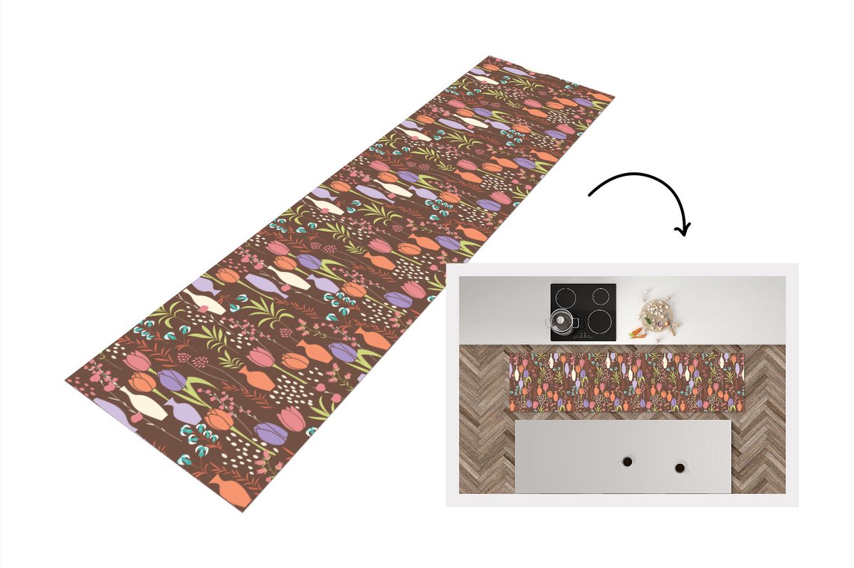 KitchenYeah Keukenloper - Loper keuken - Bloemen - Vaas - Patronen - 200x50 cm - Keukenloper vinyl Multicolor