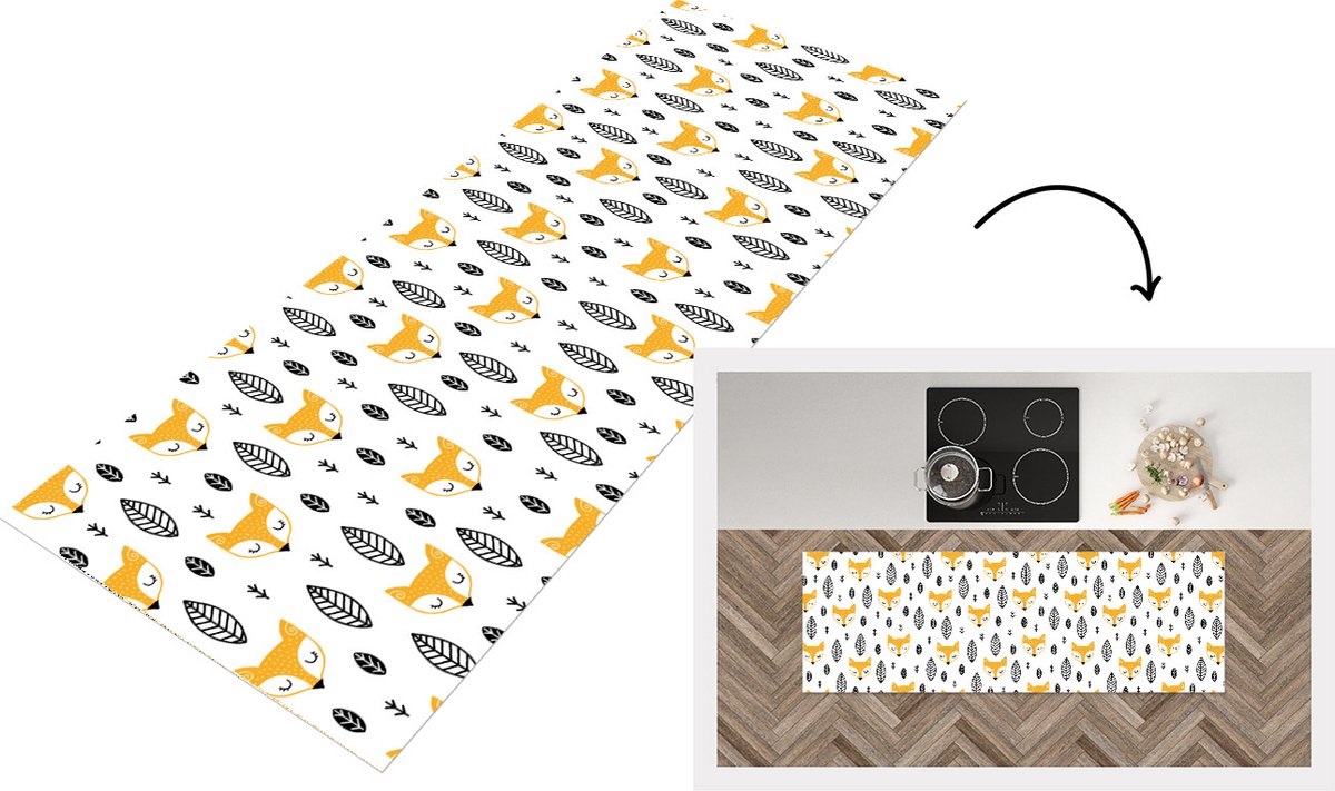 KitchenYeah Keukenloper - Loper keuken - Vos - Scandinavisch - Kinderen - Bladeren - Patronen - 150x50 cm - Keukenloper vinyl Multicolor