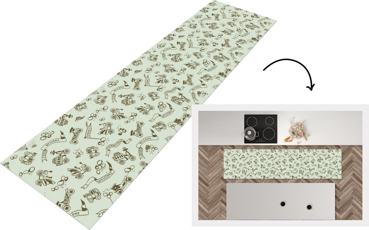 KitchenYeah Keukenloper - Loper keuken - Vintage - Auto - Oldtimer - Jongen - Patroon - 200x50 cm - Keukenloper vinyl Multicolor