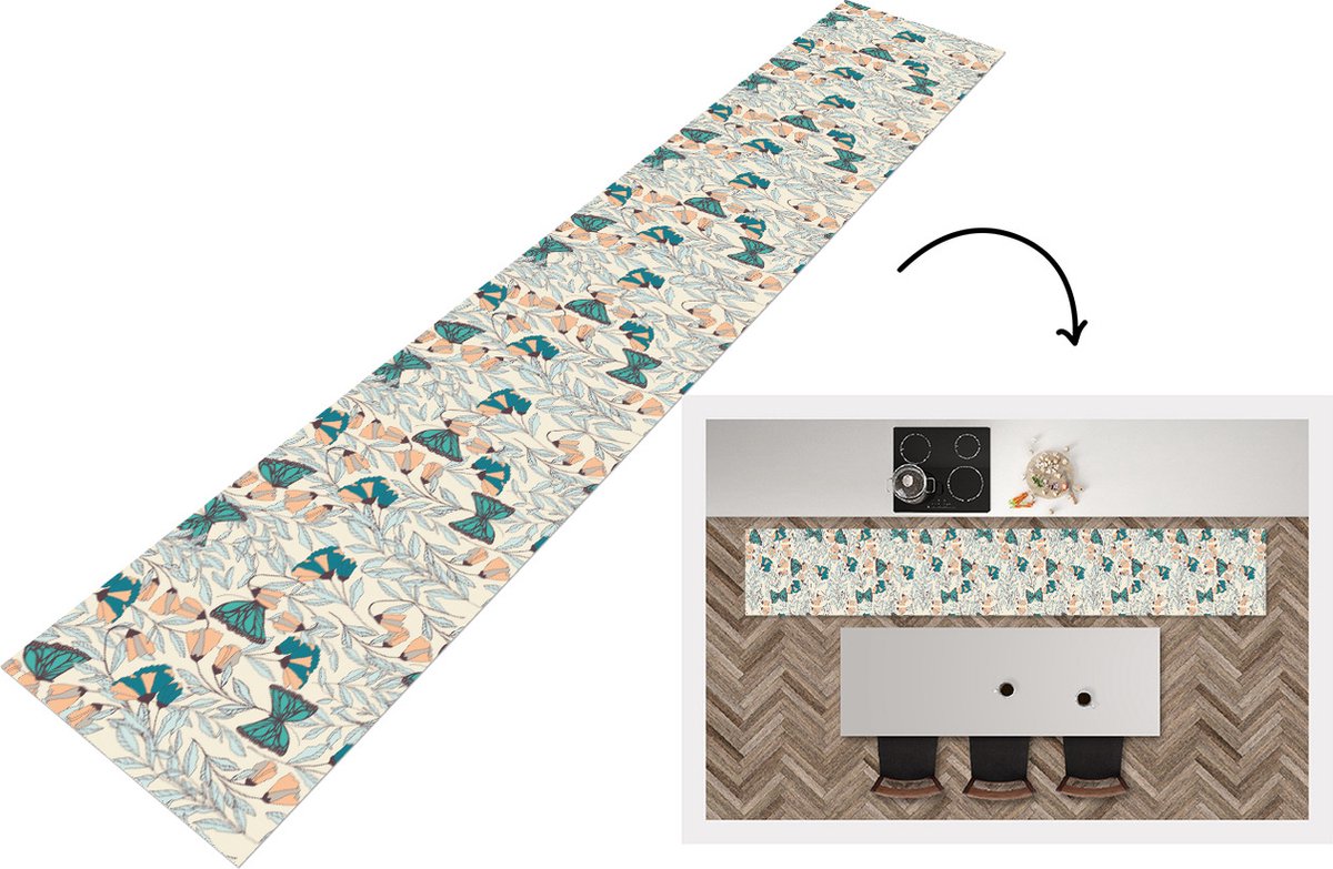 KitchenYeah Keukenloper - Loper keuken - Meisjes - Vlinder - Bloemen - Patronen - 300x50 cm - Keukenloper vinyl Multicolor