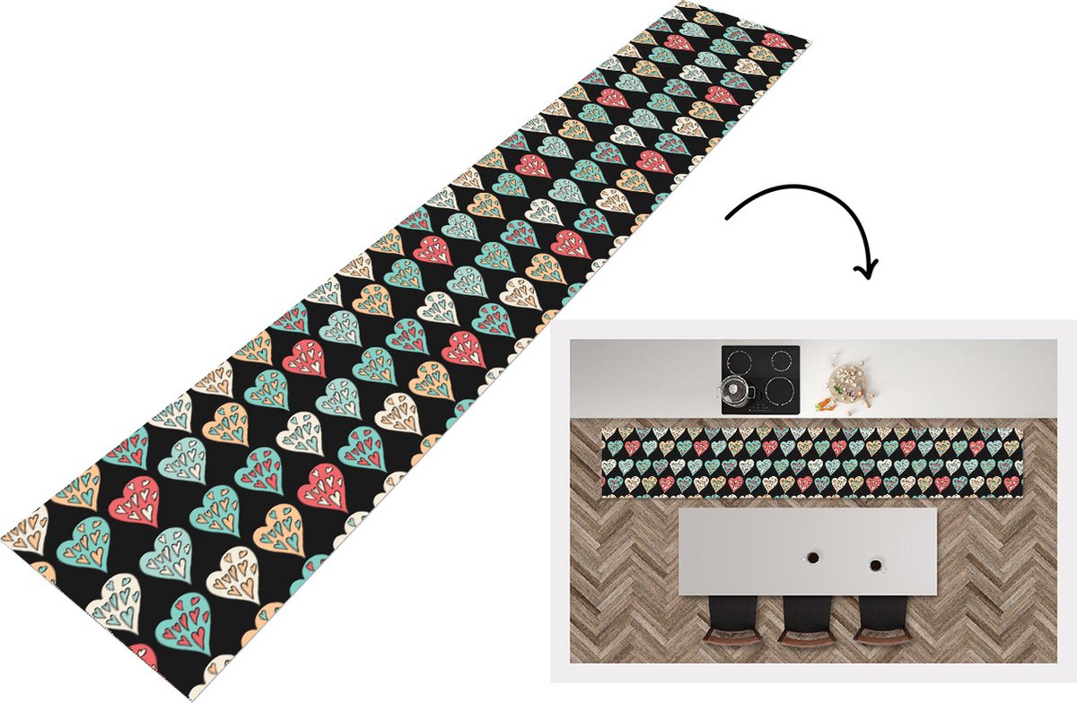 KitchenYeah Keukenloper - Loper keuken - Meisjes - Hart - Hartjes - Patronen - 300x50 cm - Keukenloper vinyl Multicolor