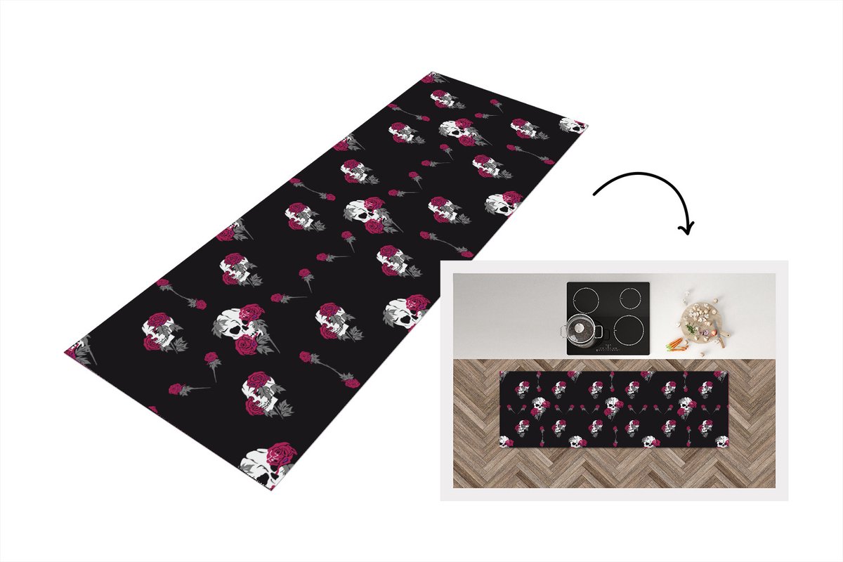 KitchenYeah Keukenloper - Loper keuken - Meiden - Skull - Rozen - Patronen - 180x60 cm - Keukenloper vinyl Multicolor