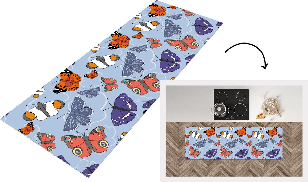 KitchenYeah Keukenloper - Loper keuken - Meisjes - Vlinder - Oranje - Patronen - 150x50 cm - Keukenloper vinyl Multicolor