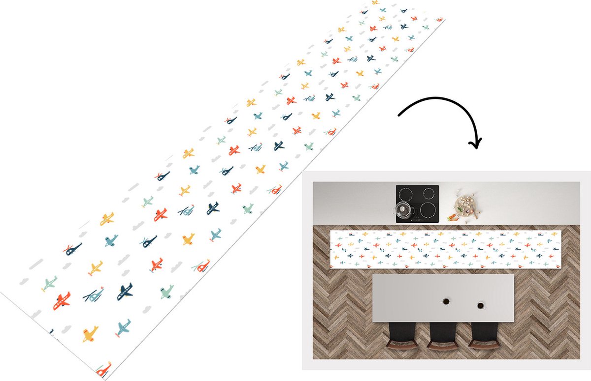 KitchenYeah Keukenloper - Loper keuken - Patronen - Helicopter - Vliegtuig - 300x50 cm - Keukenloper vinyl Multicolor