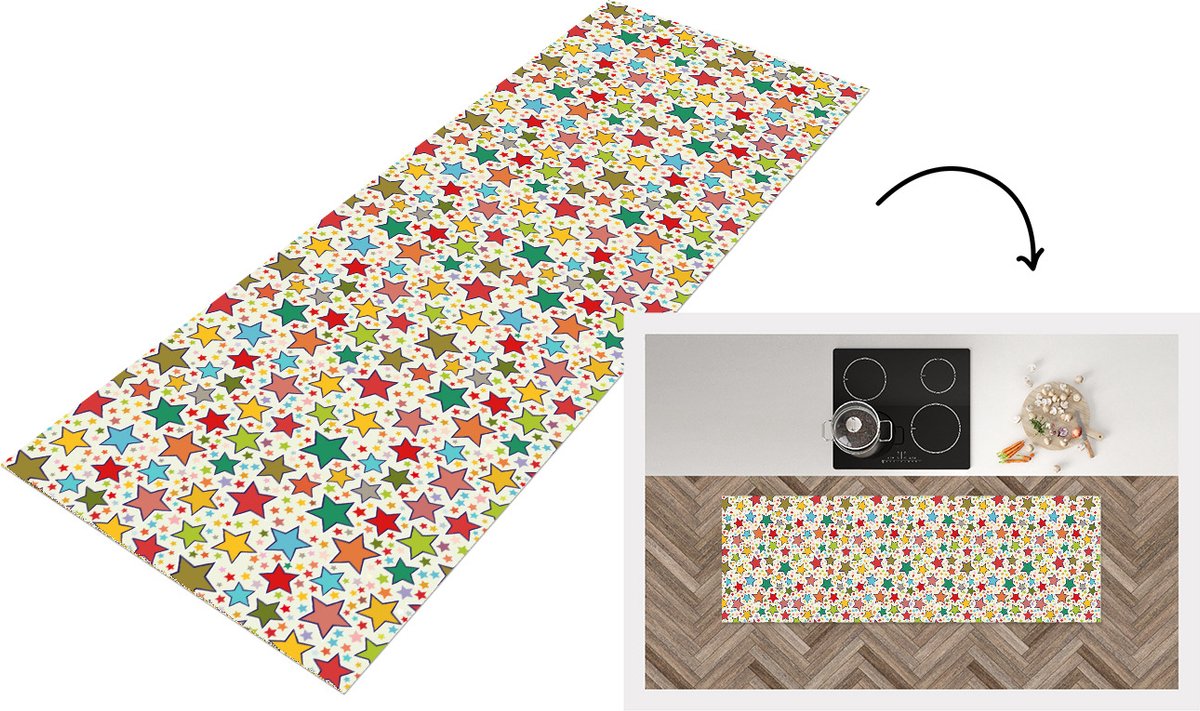 KitchenYeah Keukenloper - Loper keuken - Patronen - Sterren - Kleuren - 150x50 cm - Keukenloper vinyl Multicolor