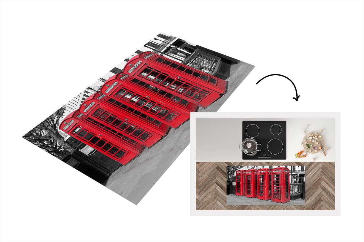 KitchenYeah Keukenloper - Loper keuken - Zwart-wit foto van vier rode telefooncellen - 120x60 cm - Keukenloper vinyl Zwart; Wit