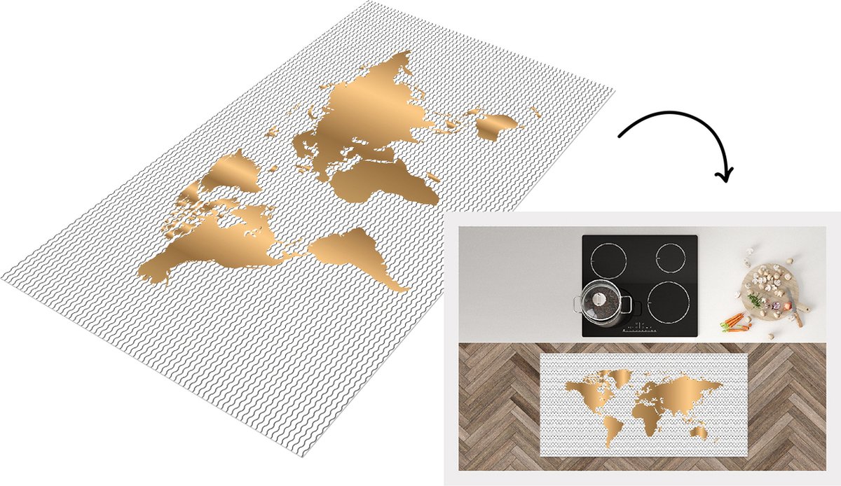 Keukenloper - Loper keuken - Wereldkaart - Goud - Golf - 120x60 cm - Keukenloper vinyl