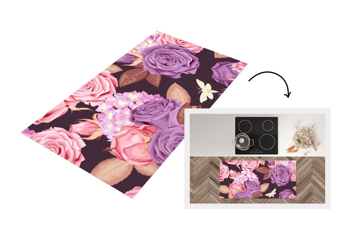 KitchenYeah Keukenloper - Loper keuken - Rozen - Insect - Paars - Roze - 120x60 cm - Keukenloper vinyl Multicolor