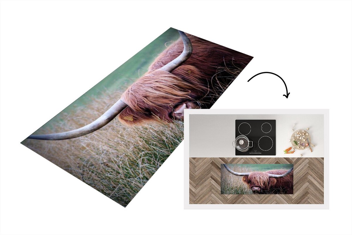 KitchenYeah Keukenloper - Loper keuken - Schotse Hooglander - Portret - Koeienkop - Keukenloper vinyl Multicolor