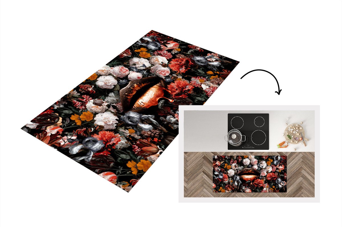 KitchenYeah Keukenloper - Loper keuken - Bloemen - Lippen - Luxe - 120x60 cm - Keukenloper vinyl Multicolor