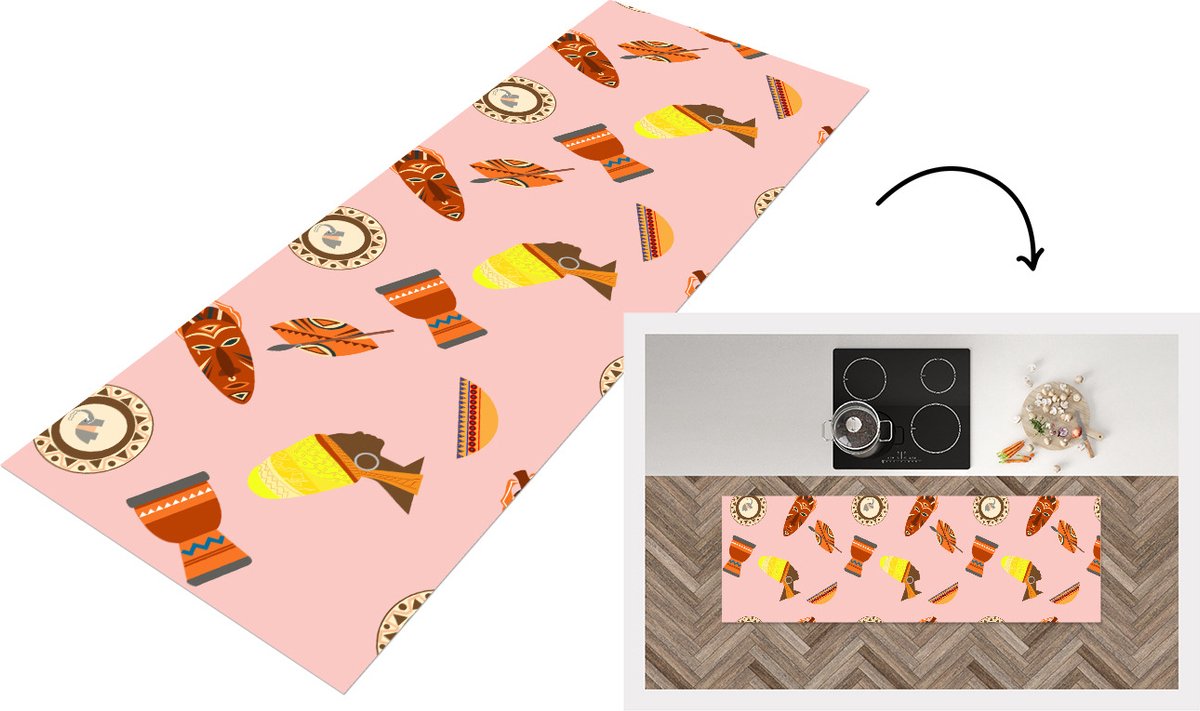 KitchenYeah Keukenloper - Loper keuken - Afrika - Djembé - Patronen - Afrikaanse maskers - 180x60 cm - Keukenloper vinyl Multicolor