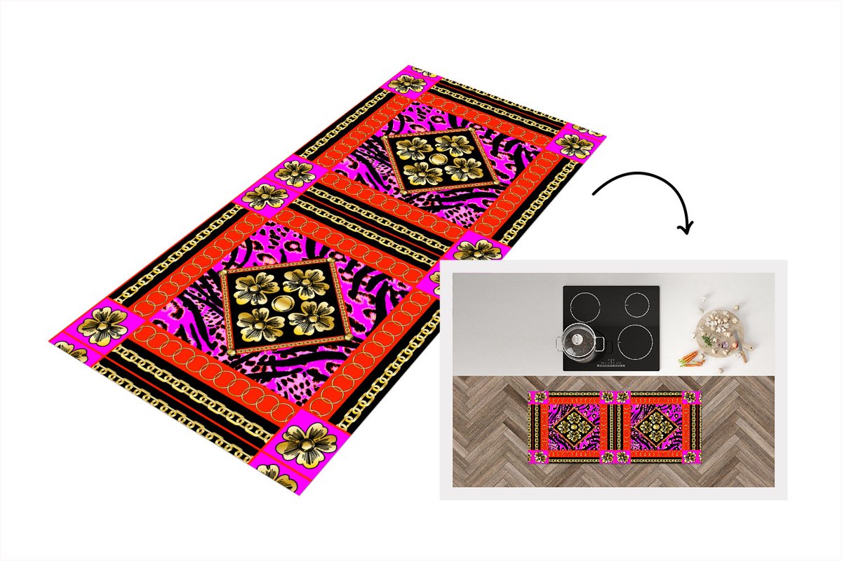 KitchenYeah Keukenloper - Loper keuken - Bloemen - Ketting - Panterprint - Goud - Patroon - 120x50 cm - Keukenloper vinyl Multicolor