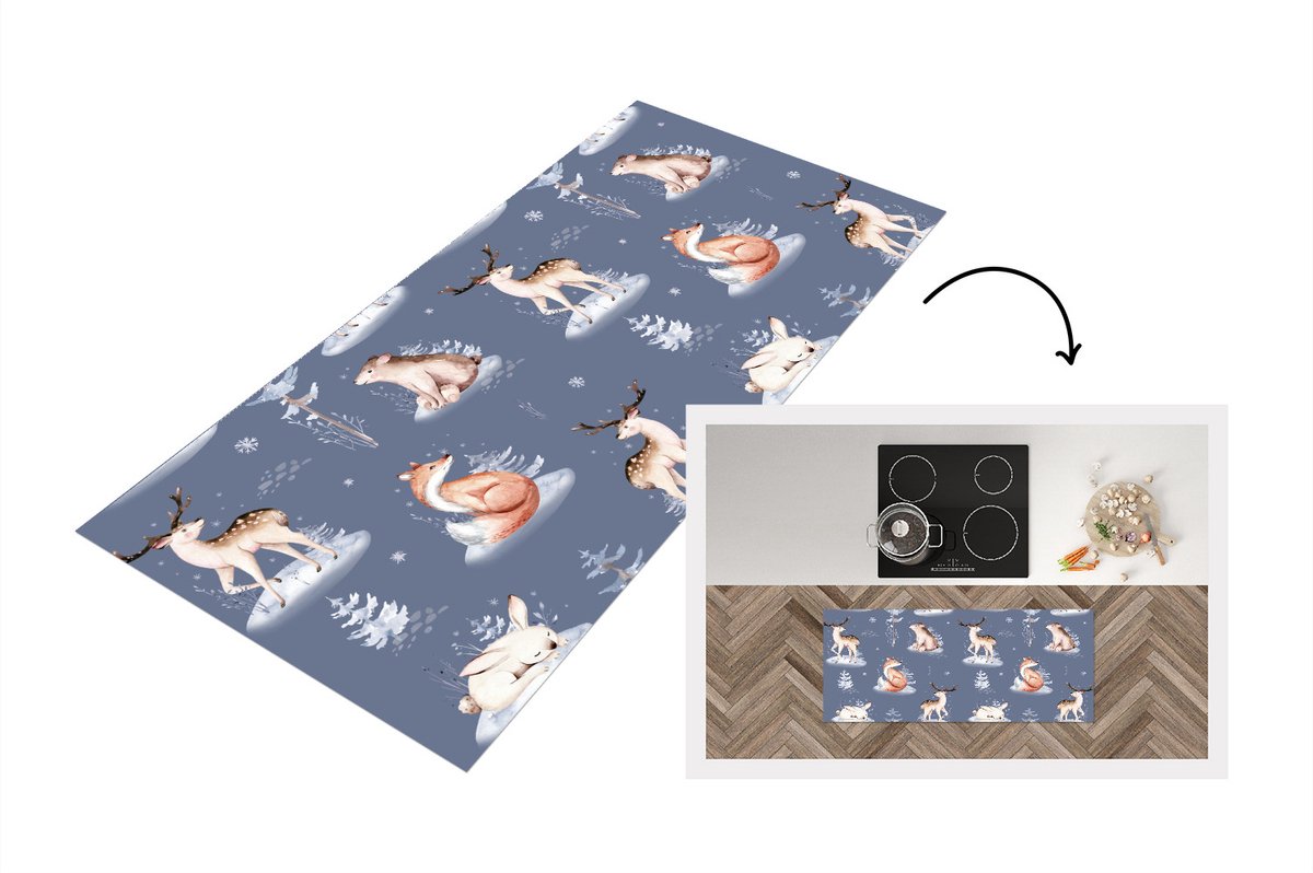 KitchenYeah Keukenloper - Loper keuken - Winter - Patroon - Dieren - 120x50 cm - Keukenloper vinyl Multicolor