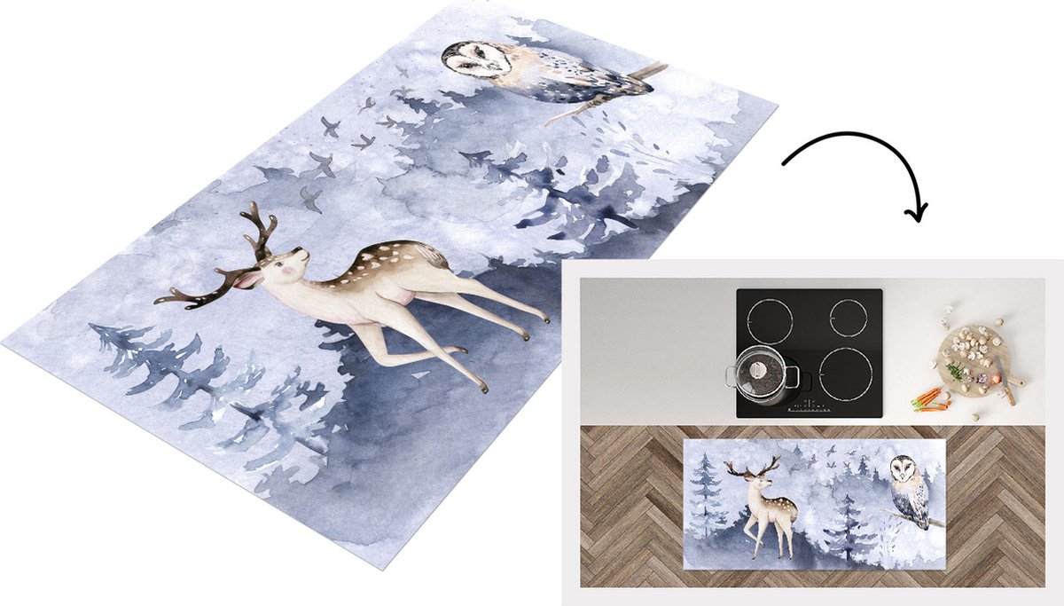 KitchenYeah Keukenloper - Loper keuken - Winter - Hert - Uil - 120x60 cm - Keukenloper vinyl Multicolor