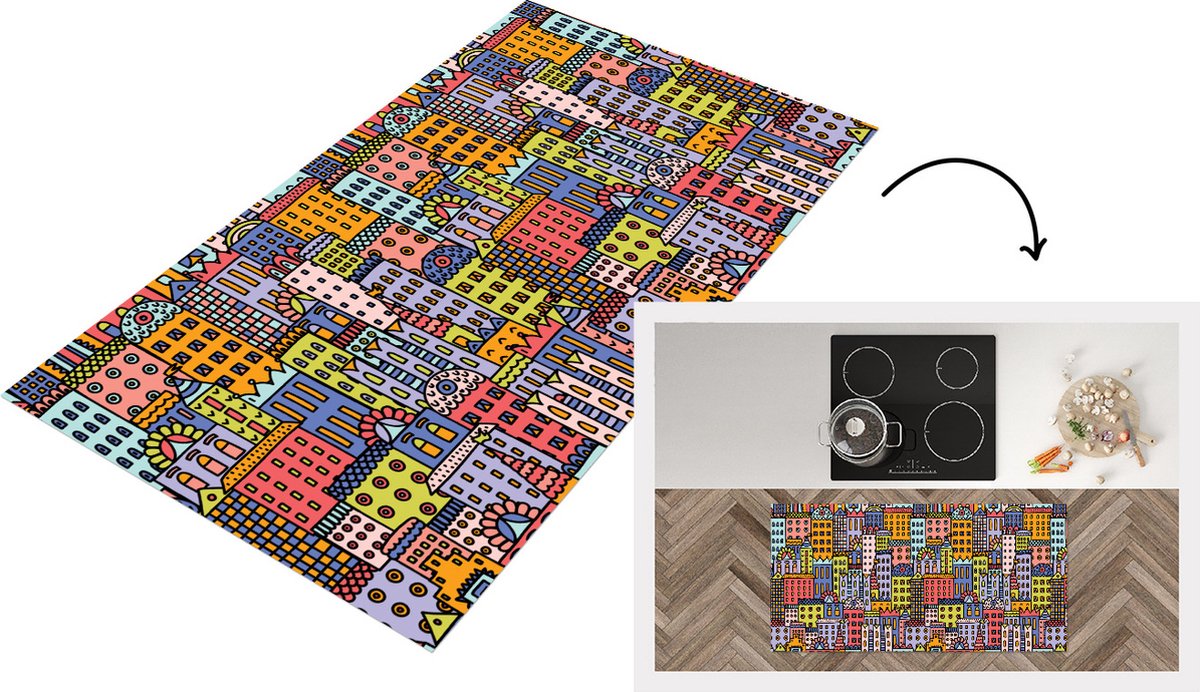 KitchenYeah Keukenloper - Loper keuken - Huis - Regenboog - Patroon - 120x60 cm - Keukenloper vinyl Multicolor