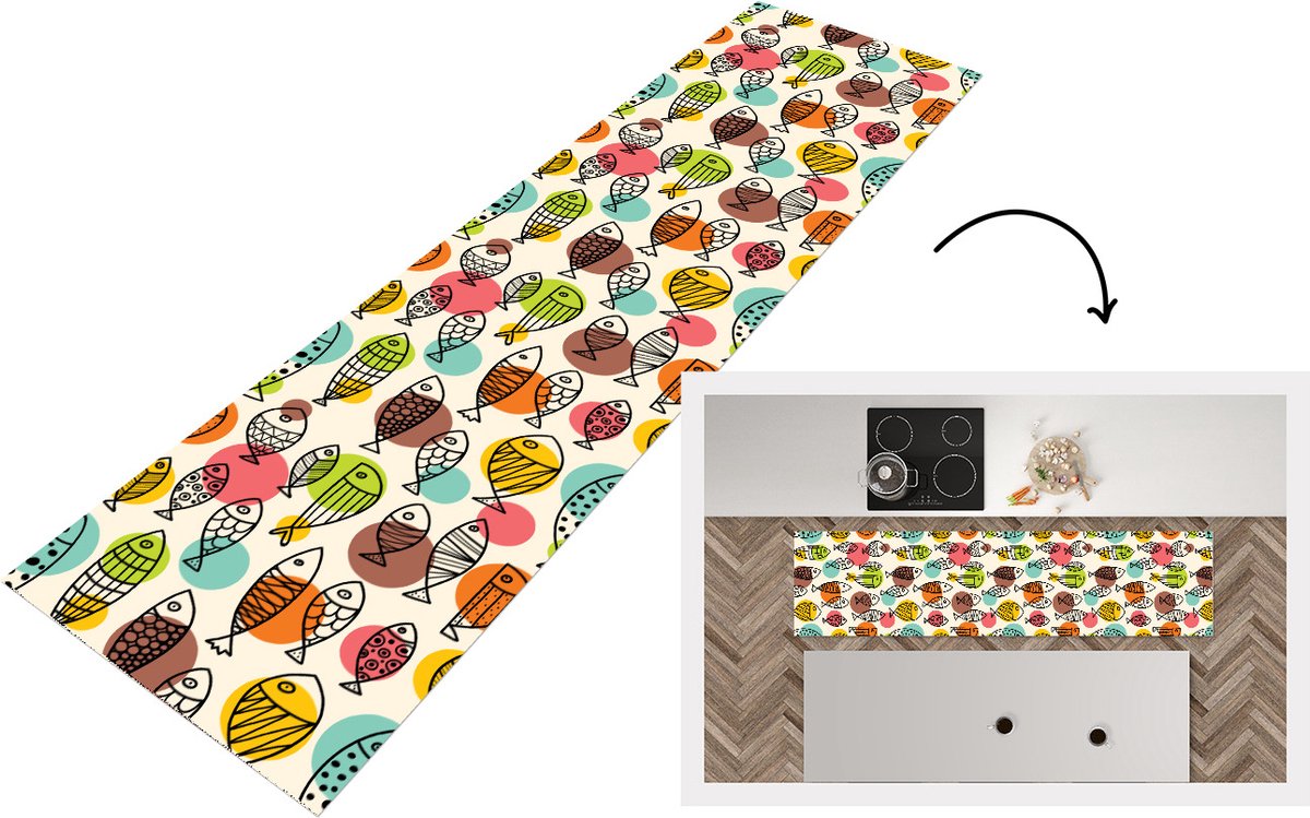 KitchenYeah Keukenloper - Loper keuken - Stippen - Vis - Regenboog - 240x60 cm - Keukenloper vinyl Multicolor
