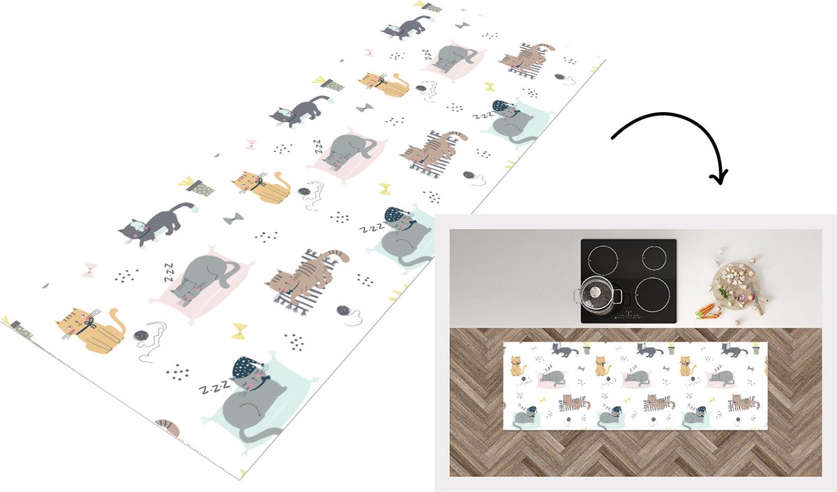 KitchenYeah Keukenloper - Loper keuken - Katten - Huisdieren - Patronen - 150x50 cm - Keukenloper vinyl Multicolor