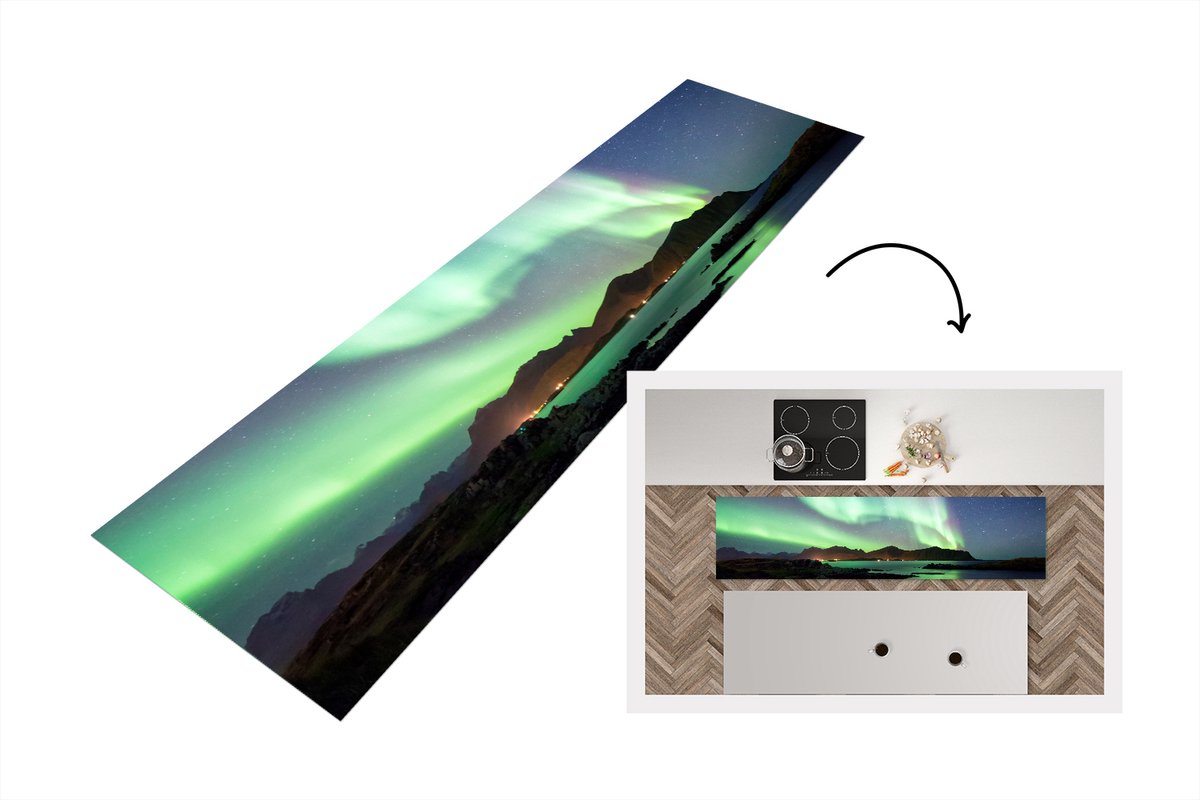 Keukenloper - Loper keuken - Noorderlicht - Groen - Paars - Sterrenhemel - 200x50 cm - Keu