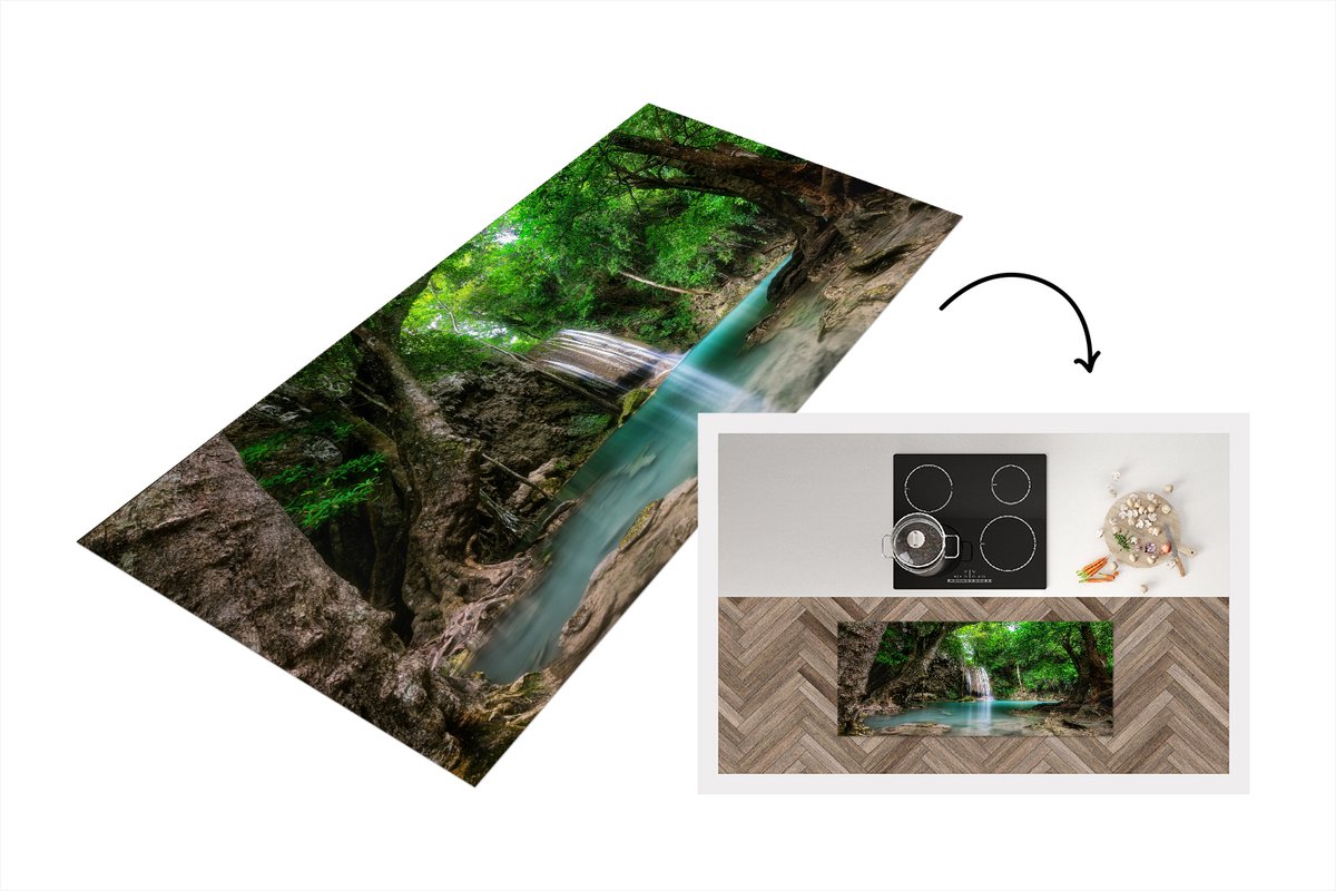 KitchenYeah Keukenloper - Loper keuken - Erawan Waterval in jungle Thailand foto - 120x50 cm - Keukenloper vinyl Multicolor