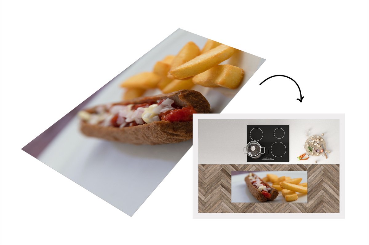 KitchenYeah Keukenloper - Loper keuken - Heerlijke frikandel speciaal met patat - 120x50 cm - Keukenloper vinyl Multicolor